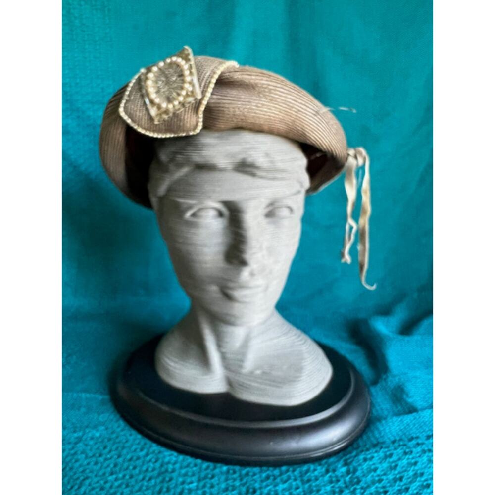 hat straw beret gray pearl detail